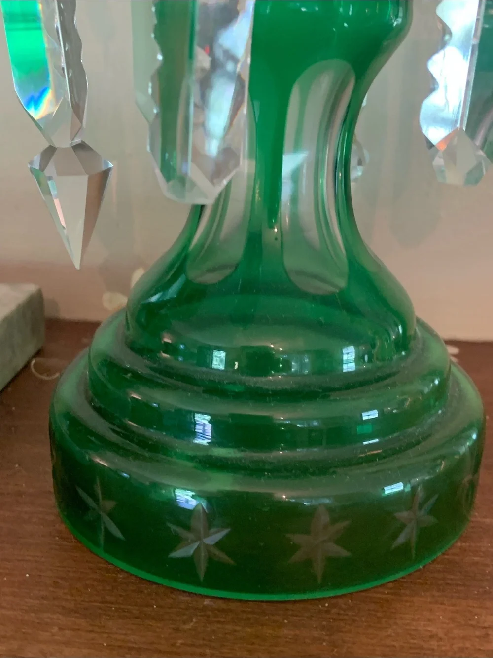 Antique Victorian Cut Glass Mantle Lustres with Prisms Stars